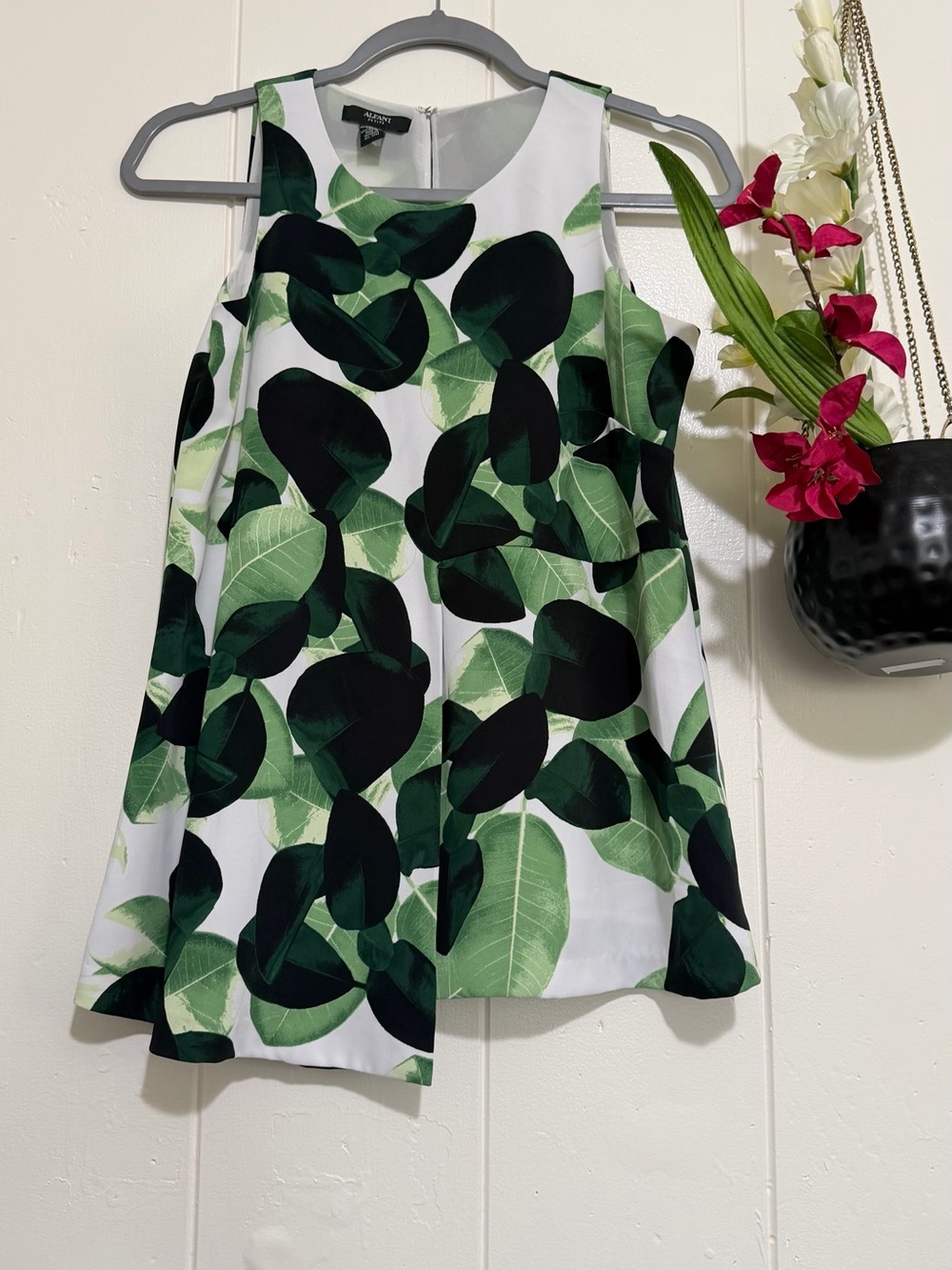 Alfani White A-Line blouse with Dark and Light Green Leaf Print
